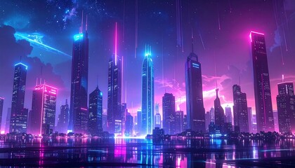 A futuristic cityscape glows with neon lights reflecting off a dark body of water under a vibrant night sky