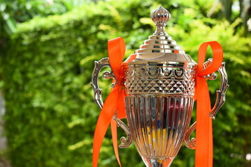 beautiful golden trophy with orange ribbon on green tree background