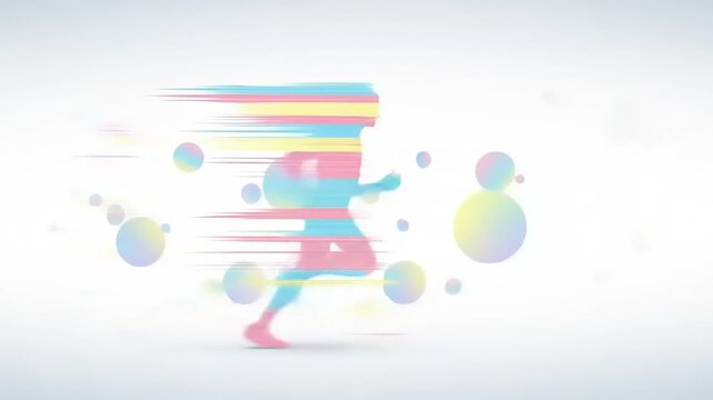 Abstract depiction of a runner in motion with colorful blurred effects and floating shapes