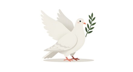 Fototapeta premium A white dove with an olive branch in its beak, depicted in a minimalist flat design aesthetic.