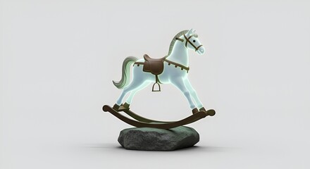 A serene, upscaled concept art of a glowing rocking horse resting on a textured rock formation.