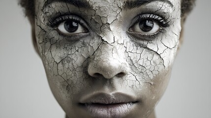 Close-up Portrait of a Woman with Severely Cracked Makeup on Her Face, Symbolizing Skin Issues and Emotional Fragility