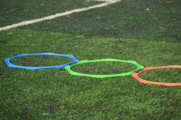 equipment of football on green grass background, object of sport