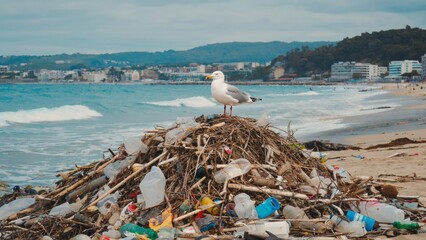 A lone seagull stands atop a large pile of washed-up garbage and driftwood on a sandy beach, ocean waves, distant coastal town in the background, highlighting the issue of marine pollution and waste