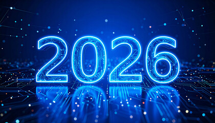Glowing Neon 2026 on Circuit Board Background Futuristic Technology Concept.