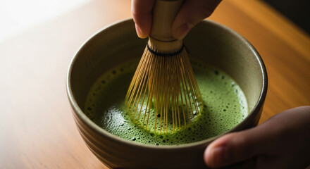 茶せんで抹茶を点てる和の一服、香り立つ緑の泡