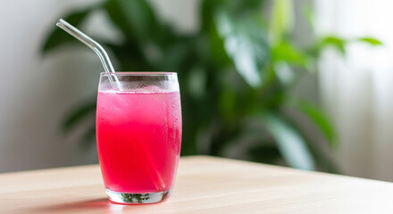 結露したグラスとガラスストローのピンクドリンク