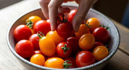 ボウルのミニトマトを手に取るフレッシュな食材のクローズアップ