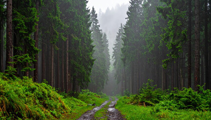 Obraz premium The moist green forest has been drenched by rain and light fog