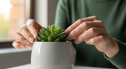 白い陶器鉢の多肉植物を両手でそっと整える