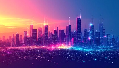 A futuristic cityscape glows with vibrant colors, with data network visualization overlaying the foreground. Skyscrapers are illuminated by neon lights