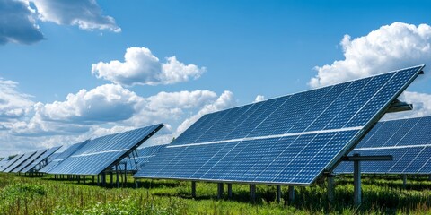 Solar panels are arranged in a lush green field, capturing sunlight under a clear blue sky with white clouds, showcasing renewable energy technology