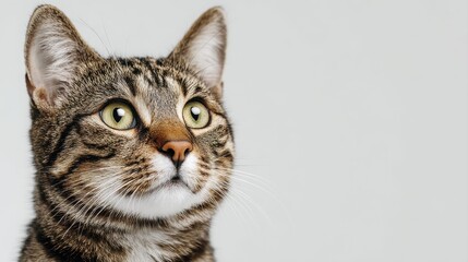 Studio portrait of a sitting tabby cat looking forward against a white back ground