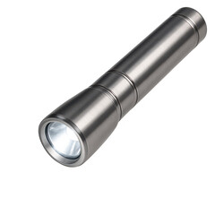 Metal flashlight illuminating darkness brightly isolated on transparent background
