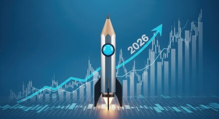 Futuristic Rocket Launching with Growth Chart and 2026 Arrow in Blue Background