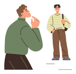 Man in green pondering with hand on chin while observing a casually dressed person walking. Ideal for interaction, observation, decision-making, curiosity, lifestyle, social scenarios, simple flat