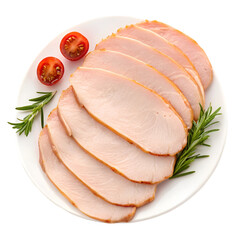 Sliced Cooked Turkey Breast on White Plate with Tomatoes and Rosemary sliced turkey poultry