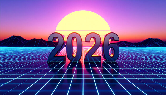 Retro Futuristic 2026 New Years Greeting Neon Grid Sunset Glow.