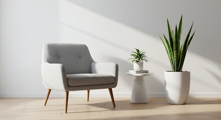 An elegant Scandinavian style interior showcases a chair, plants, and a minimalist aesthetic design.