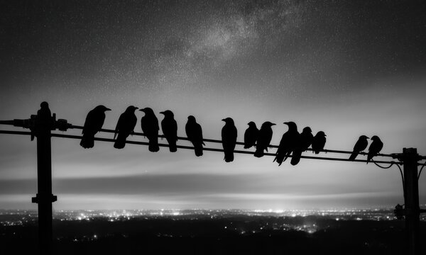 Silhouetted crows perched on a wire at night, against a starry sky and city lights