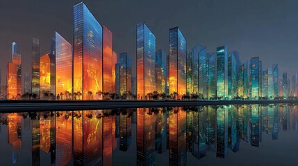 Fototapeta premium Stunning modern cityscape at dusk, glowing skyscrapers reflect vibrant lights on calm water surface.