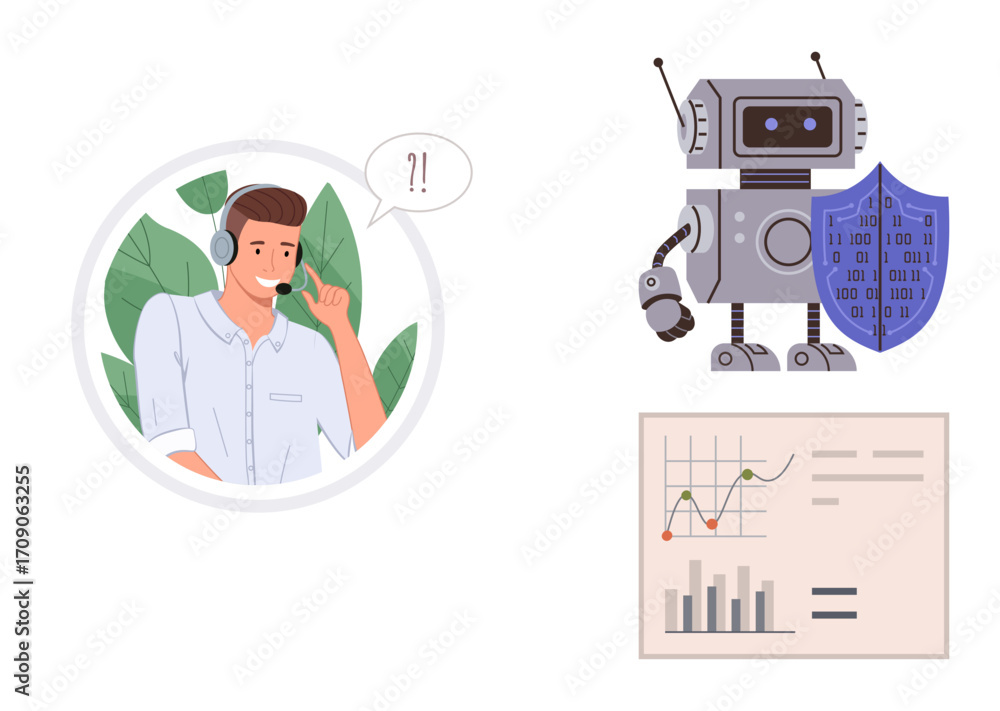 Poster customer service agent with headset expressing confusion. robot holding a shield beside a data chart