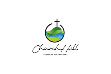 Church Hill with river and cross, Logo Design Vector Inspiration.