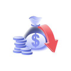 Money Bag With Dollar Symbol And Falling Red Arrow On White Background finance economy