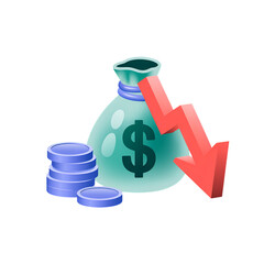 Teal Money Bag With Dollar Symbol And Falling Red Arrow On White Background finance economy