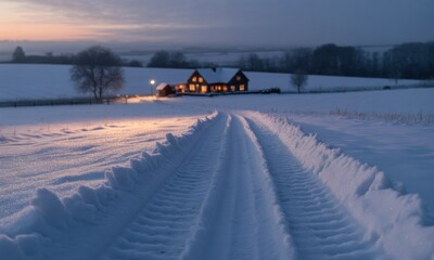 Snowy winter landscape at dusk, a track leading to a house