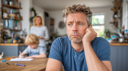 Fototapeta premium Stressed man sitting worried about finance at home kitchen