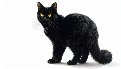 A spooky Halloween black cat isolated on white background, showing arched back and glowing eyes