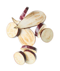 Flying eggplant cut slices isolated on white background
