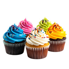 Assorted colorful cupcakes with sprinkles, isolated on transparent background