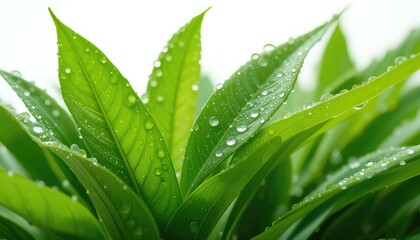Close up of lush green leaves covered in water droplets creating a refreshing and vibrant scene outdoors
