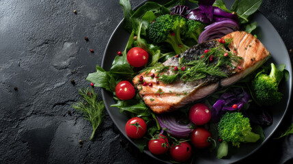 Salmon fillet with fresh green salad and cherry tomato