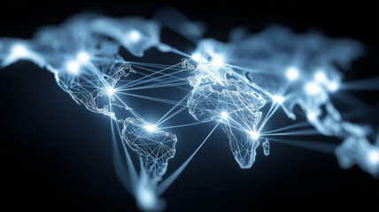 World map formed by connected nodes and lines illustrating data networks internet infrastructure and the concept of worldwide digital connectivity for services collaboration and information exchange.
