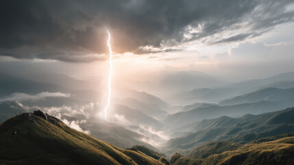 Dramatic lightning strike illuminating mountain landscape cloud