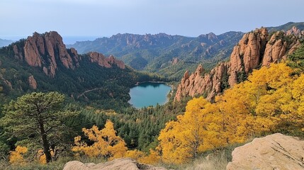 Fototapeta premium Autumn Red Rock Landforms and Mountain Lake Natural Landscape - For Geological Wonders Display, Tourism Promotion, and Outdoor Adventure