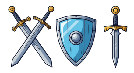 Crossed Swords Shield And Single Sword isolated on a transparent background weapon medieval