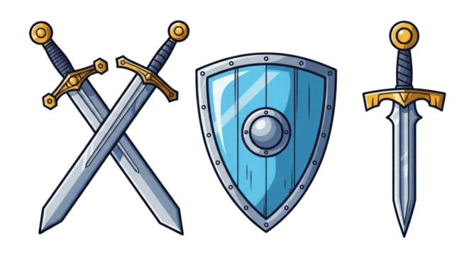 Crossed Swords Shield And Single Sword isolated on a transparent background weapon medieval