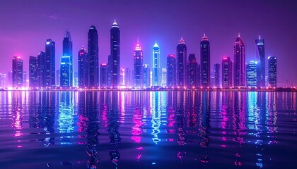 A futuristic cityscape reflecting in still water, illuminated by vibrant purple, blue, and pink neon lights during twilight, creating an ethereal ambiance