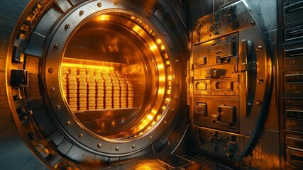 A large secure bank vault filled with stacked bars of gold illuminated with glowing light, symbolizing wealth, finance, investment, banking security, gold reserve, economy, fortune, financial treasure - Powered by Adobe