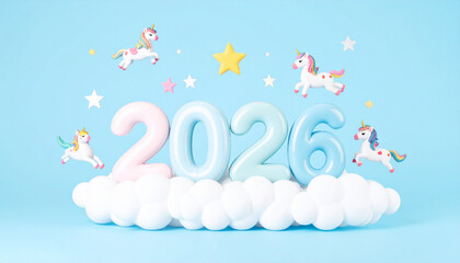 Whimsical 2026 New Year Celebration with Unicorns and Pastel Balloons on Fluffy Clouds.