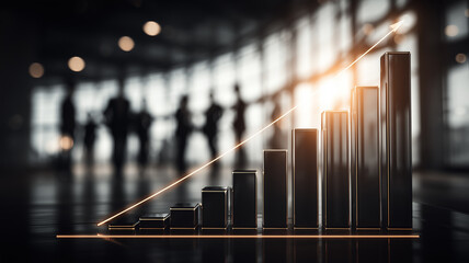 Sleek bar chart with ascending arrow in a corporate setting symbolizing business performance improvement strategic leadership and sustained growth trajectory.
