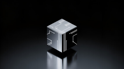 Futuristic Circuit Board Cube on Black Background