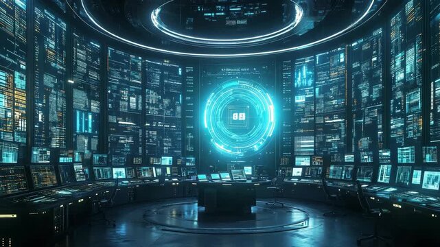 A futuristic high-tech control room with giant holographic screens displaying data, glowing digital interfaces, and central command console, cybersecurity, artificial intelligence, and innovation.