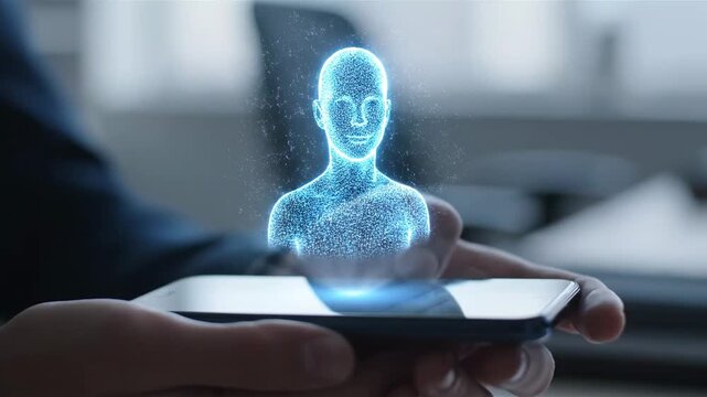 Close up holographic assistant floating smartphone cinematic UHD handheld AI workplace lifestyle stock footage. digital helper projection cellphone unreal high definition portable