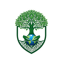 Illustration shows Tree Holding the World in Hands, within Shield, Symbolizes Nature and Environment