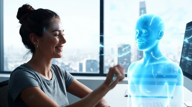Remote worker smiling holographic AI assistant cinematic UHD handheld future workplace lifestyle stock video. telecommute cheerful virtual aid filmic ultra high definition portable